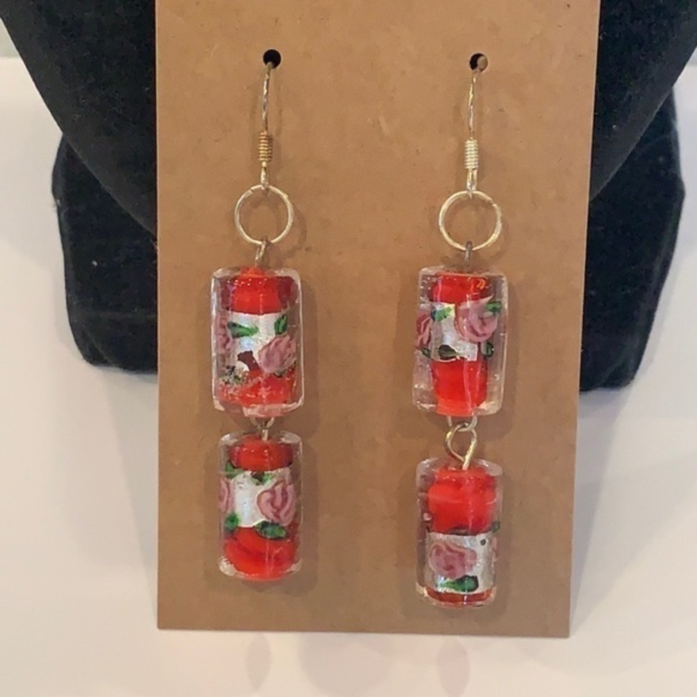 💐5/25 glass flower rose tube bead dangle elegant